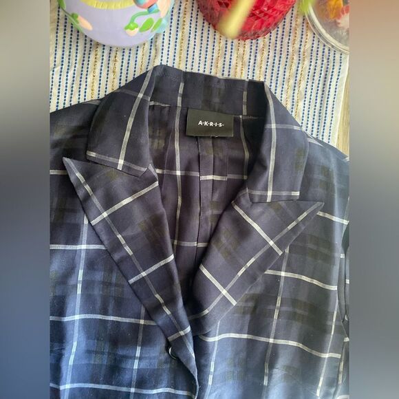 Akris Blue & White  Plaid  Shift Dress Size 10 Collared Zip Zipper Legs Button - Picture 3 of 14